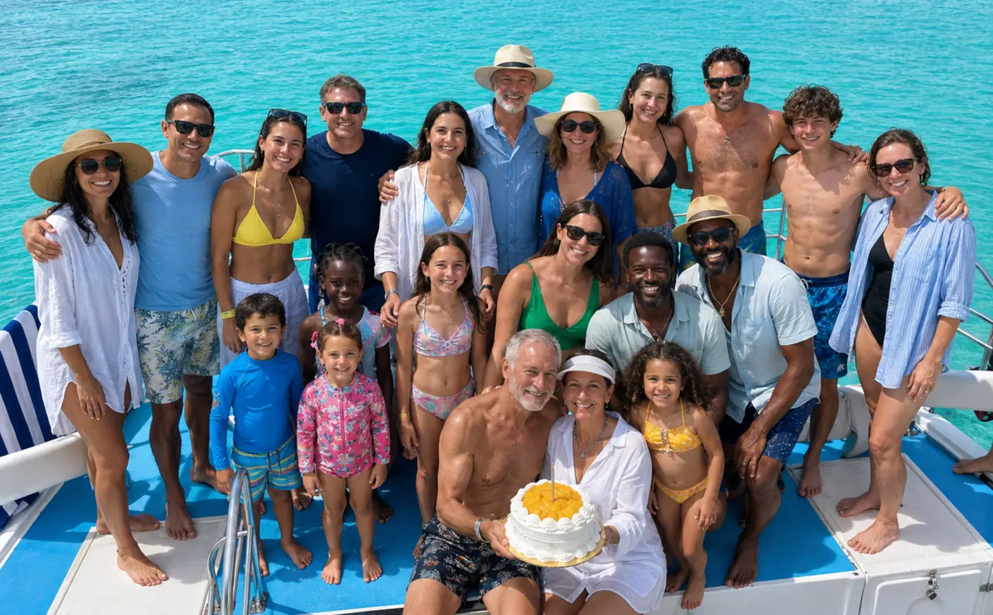 Multi-generational family celebrating together on a private Saona Island charter with El Tour Caribe.